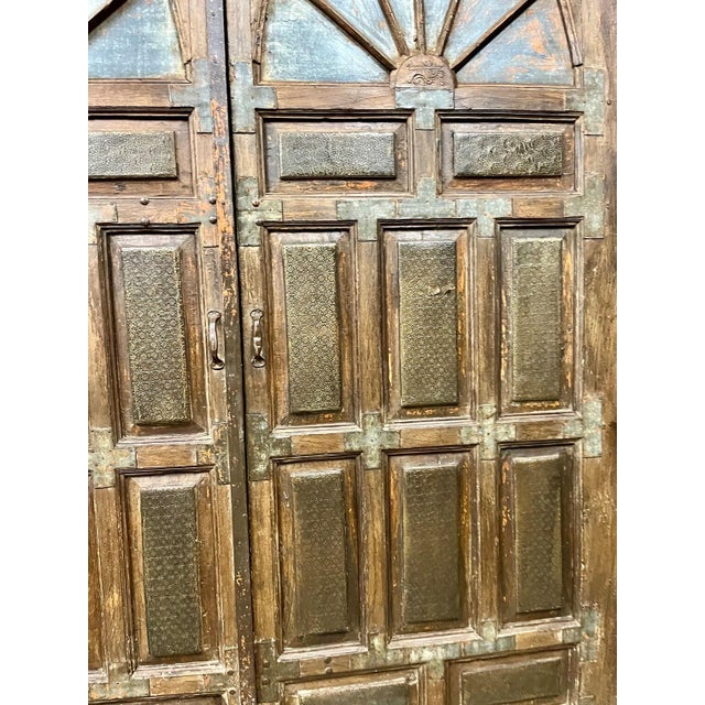 Antique Brass-Clad Carved Entry Doors | Monumental Farmhouse Statement Doors 118x92 For Sale - Image 4 of 6