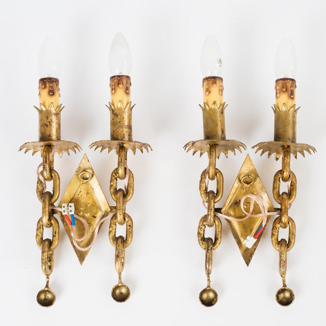 Mid-Century Modern 1950s Spanish Mid-Century Gold Leaf Iron 2-Light Sconces - A Pair For Sale - Image 3 of 6