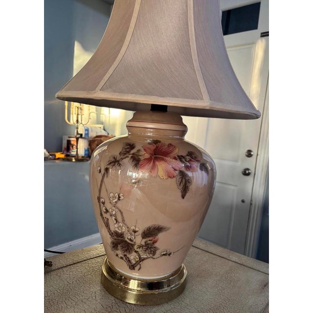 Chinoiserie Vintage Floral Ceramic Table Lamp With Brass Base & Bell Shade For Sale - Image 3 of 8