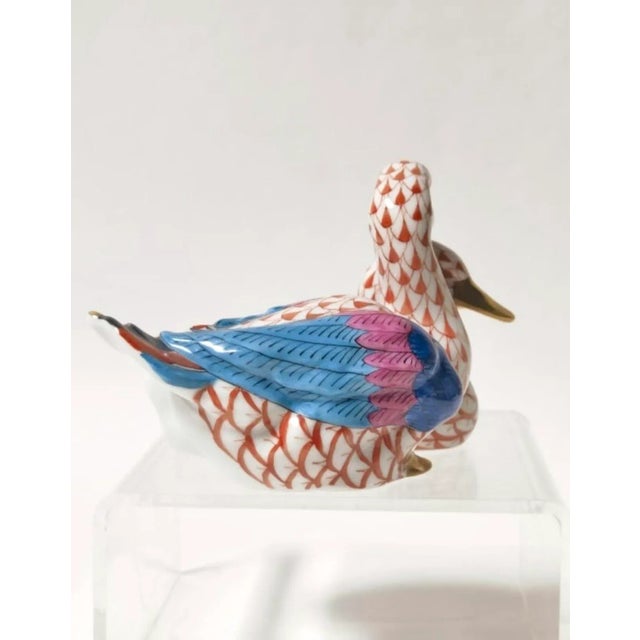 Chinoiserie 20th Century Herend Hungary Red Fishnet Porcelain Mandarin Ducks Figurine — 2.75” × 4” For Sale - Image 3 of 5