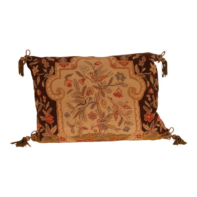 Antique French Needlepoint Pillow Throw Cushion Antique Animal Medallion For Sale