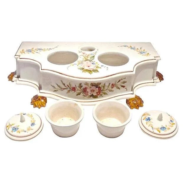 Traditional Vintage Hand-Painted Italian Floral Double Inkwell For Sale - Image 3 of 7