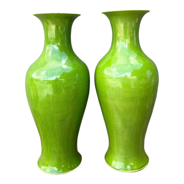 Vintage Crackle Glaze Ceramic Vases - A Pair For Sale