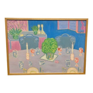 1980s Vintage 80s Interior Oil Painting of Dinner Table by Molly Schiff, Framed For Sale
