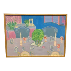 1980s Vintage 80s Interior Oil Painting of Dinner Table by Molly Schiff, Framed