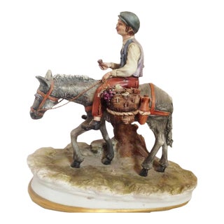 Vintage Italian Capodimonte Porcelain Figurine of Boy Riding Donkey With Cart by Dino Bonalberti For Sale
