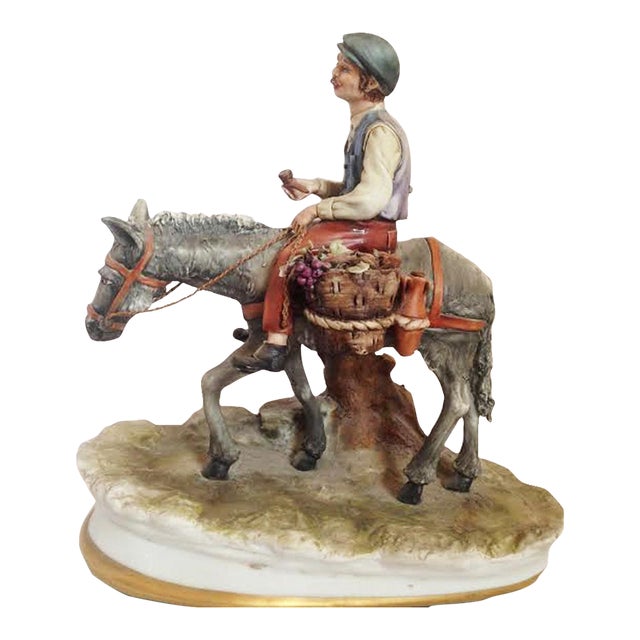 Vintage Italian Capodimonte Porcelain Figurine of Boy Riding Donkey With Cart by Dino Bonalberti For Sale