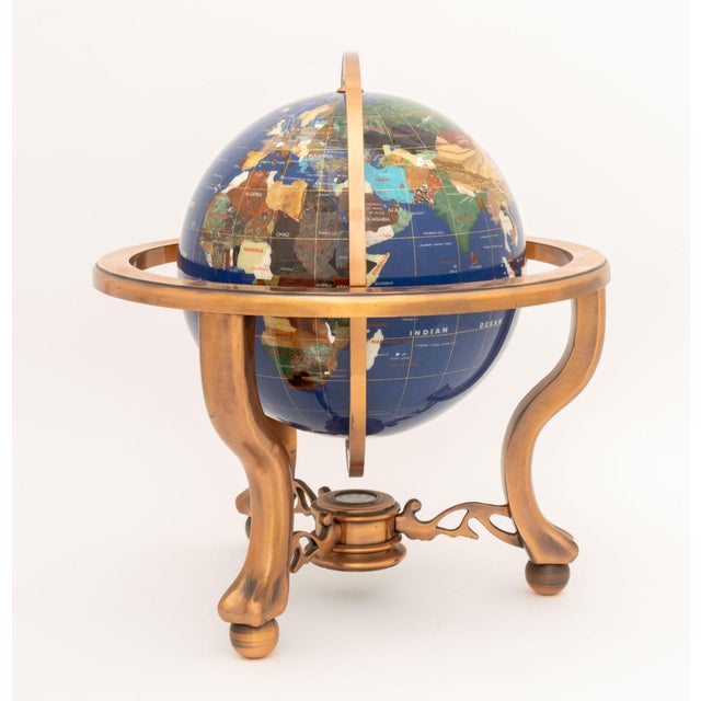 Modern Semi-Precious Stone Inlaid Revolving Globe on Copper Stand For Sale - Image 10 of 15