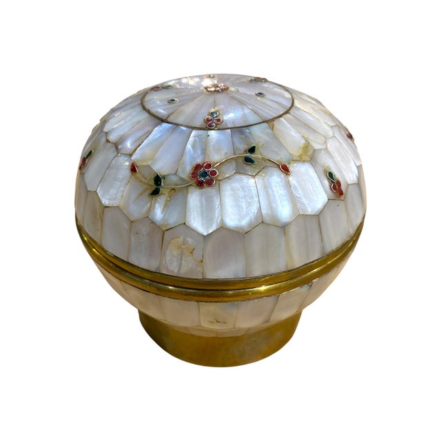 Indian Vintage Mother-of-Pearl & Brass Floral Inlay Trinket Box For Sale - Image 3 of 14