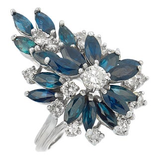 Vintage Diamond Sapphire 14k White Gold Cocktail Ring, Size 5.5 For Sale