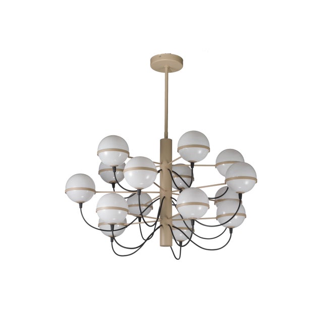 Italian chandelier with fifteen white opaline glass globes held by champagne colored metal structure / Made in Italy by...