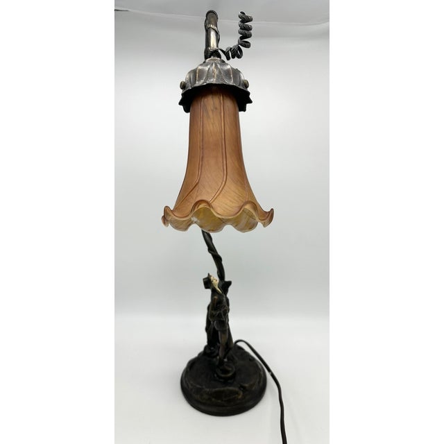 Early 20th Century Art Deco Desk Lamp, Bronze-Colored Metal With Art Glass Shade, Figure of Woman For Sale - Image 11 of 11