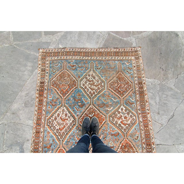 1910s Antique Geometric and Figural Brown Blue Wool Hand-Knotted Rug For Sale - Image 4 of 10