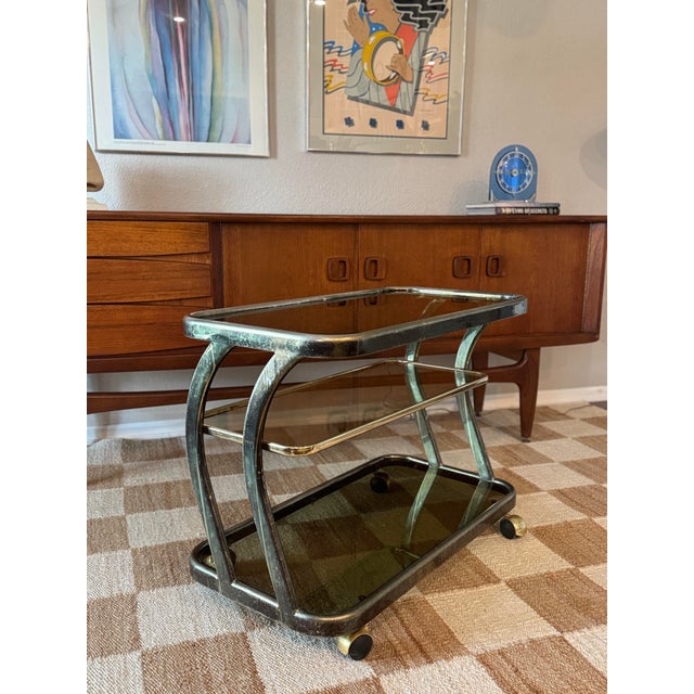 Brass Stunning Vintage Bar Cart, Circa 1970s, Featuring a Solid Brass Frame and Smoked Glass Shelves For Sale - Image 8 of 11