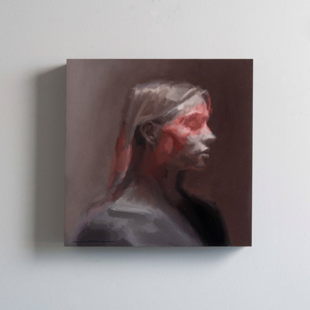 This oil on panel work presents a profile of a figure, rendered in soft, muted tones that evoke a sense of introspection....