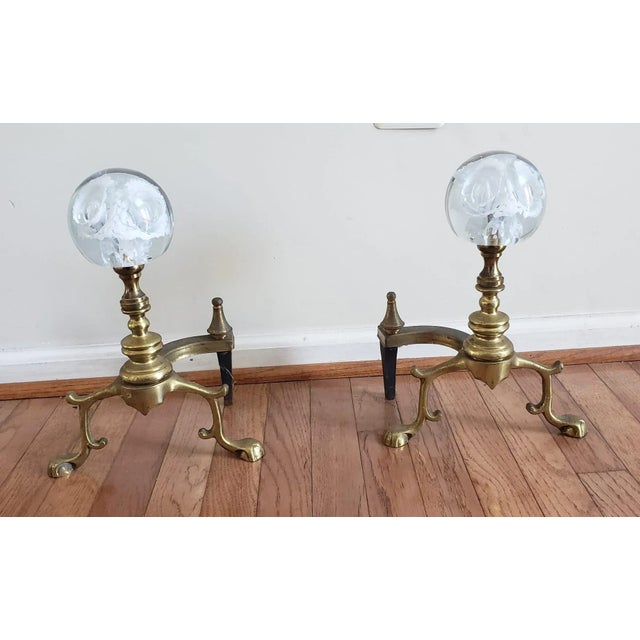 Brass Pair of Regency Brass & Murano Glass Ball Andirons For Sale - Image 8 of 8