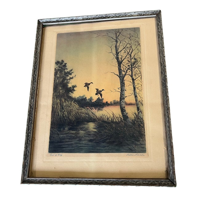 Vintage Signed Duck Painting, Titled "End of Day" in Frame For Sale