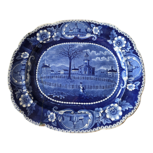 Blue and White Staffordshire Platter "Winter View of Pittsfield Massachusetts "