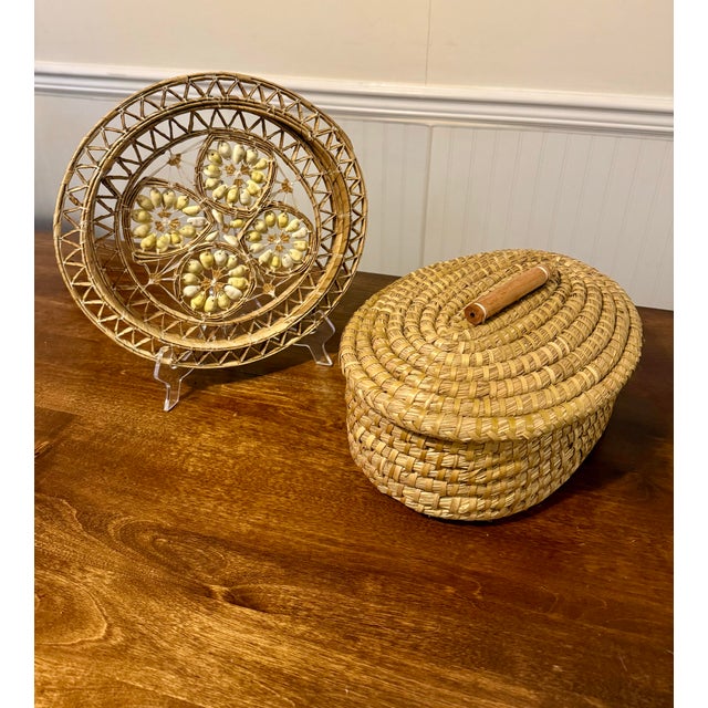 Wood Late 20th Century Hand Woven Cowrie Shell Wall Hanging and Lidded Basket With Handle For Sale - Image 7 of 12