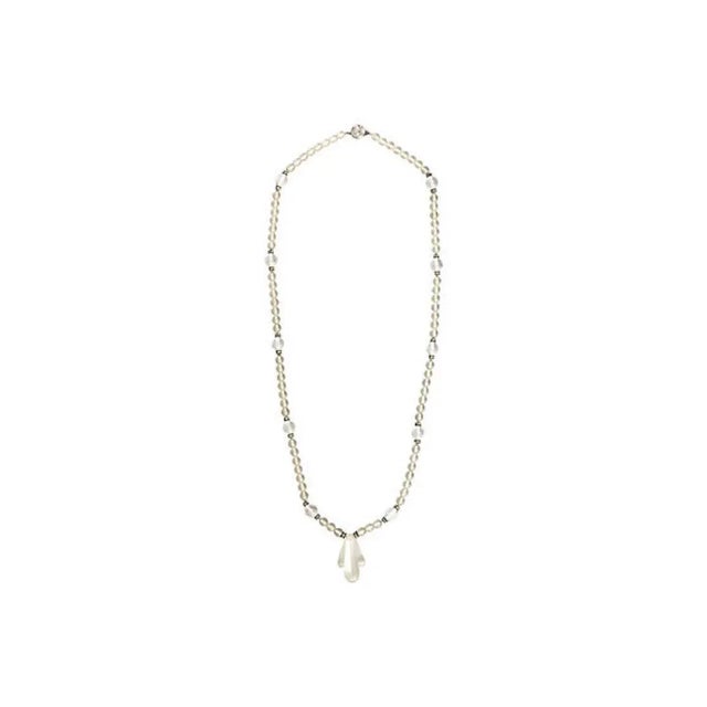 Deco-style crystal necklace featuring carved dropped center section on a strand of frosted crystal beads with facetted...