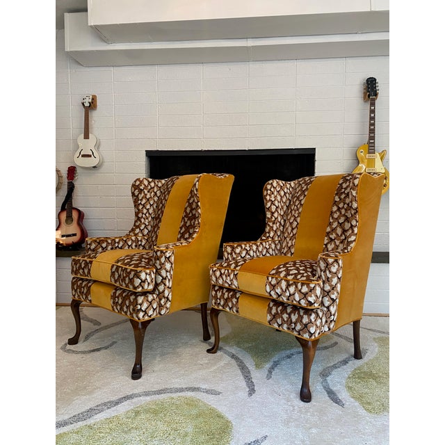 Vintage Pair of Reupholstered Leopard Print Wingback Arm Chair With Yellow Stripe For Sale - Image 4 of 8