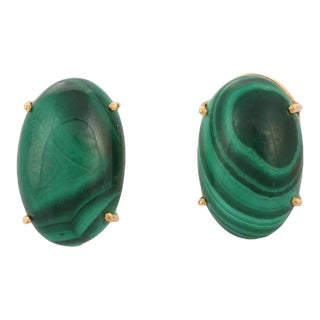 12.45ct Elliptical Malachite Solitaire Stud Earrings in 18k Yellow Gold- 2 Pieces For Sale