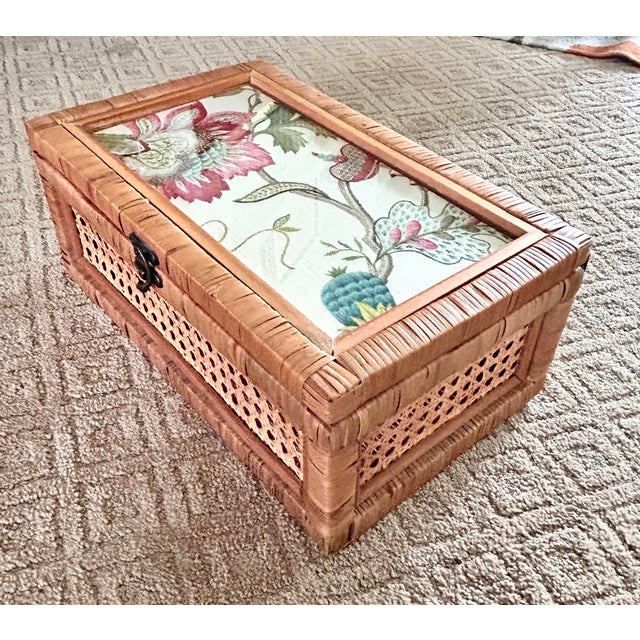 Raspberry Red Intage Rattan Cane Glass Top Storage Box With Designer Fabric Insert For Sale - Image 8 of 13