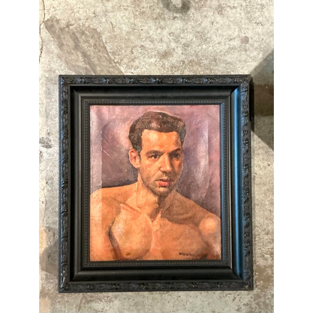 Mid-Century Modern Vintage Boho Original Oil Portrait of Man on Canvas For Sale - Image 3 of 8