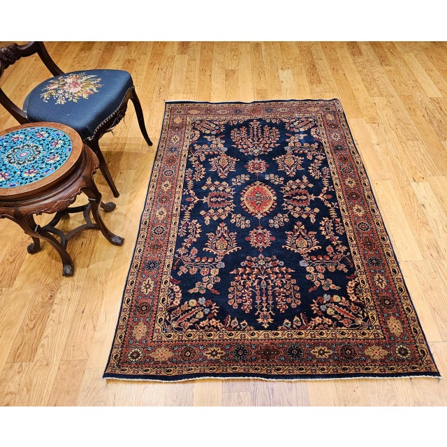 Antique Persian Mahajiran Sarouk Area Rug, Hand-Knotted Wool, Allover Floral Pattern, Navy & Red, 4x6 For Sale In Chicago - Image 6 of 14