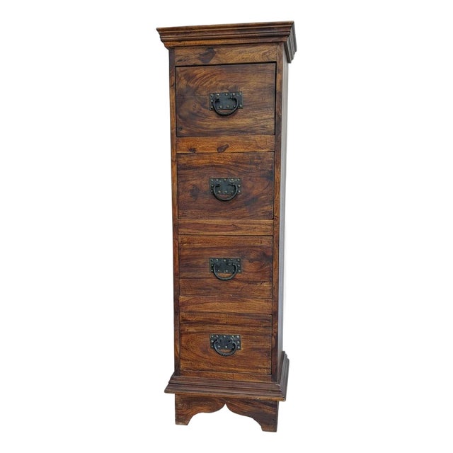 Vintage Teak Wood 51" Tall Narrow Chest of Drawers For Sale