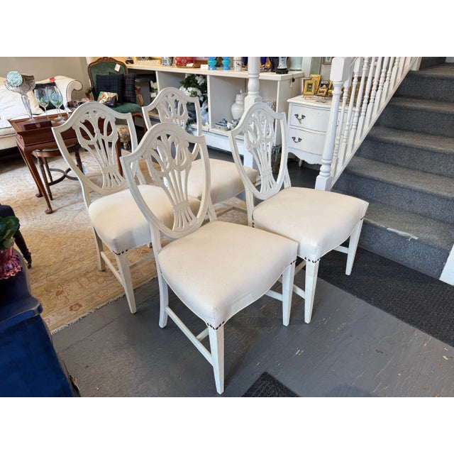 Hepplewhite 19th Century Antique Mahogany Hepplewhite Style Shieldback Chairs Painted French Linen White For Sale - Image 3 of 10