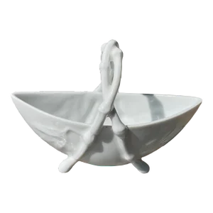 Vintage Signed Giraud Limoges France White Porcelain Basket With Bamboo Style Handles & Feet With Raised Leaf Design on the Sides