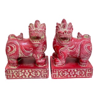 Red Carved Wood Foo Dogs Pair For Sale
