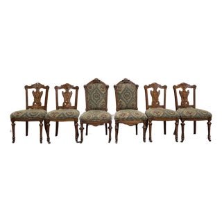 Antique Victorian Oak and Tapestry Dining Chairs - Set of 6 For Sale