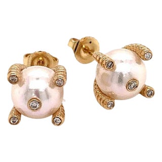 Diamond Large Akoya Pearl Earrings 14k Gold 9.25 mm Certified For Sale