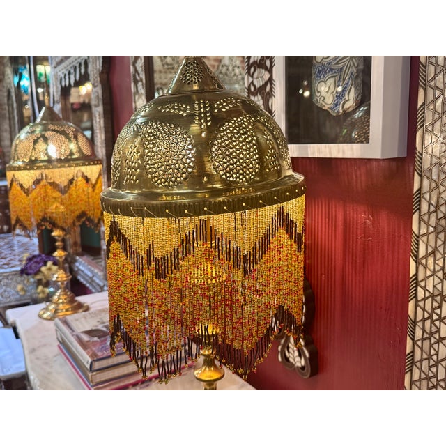 Metal Vintage Brass Table Lamps With Glass Beads - a Pair For Sale - Image 7 of 14