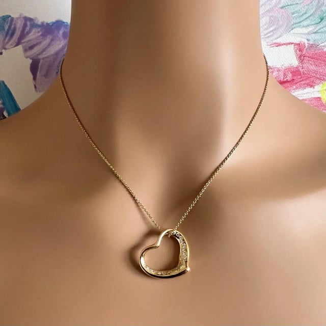 2000 - 2009 Tiffany & Co. Elsa Peretti 18k Yellow Gold Diamond Open Heart Necklace For Sale - Image 5 of 10