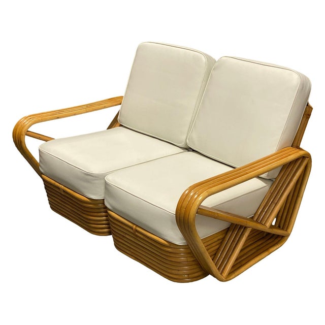 Mid-Century Modern 1940s Restored Frankl Style Four-Strand Square Pretzel Rattan Sectional Settee For Sale - Image 3 of 9