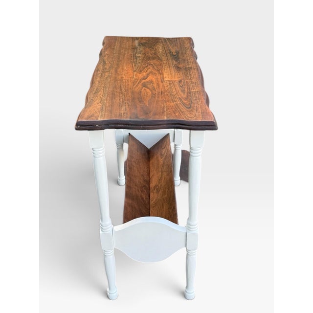 Mid-Century Modern Vintage Refinished Walnut & Ivory Side Table With Book Rack For Sale - Image 3 of 5