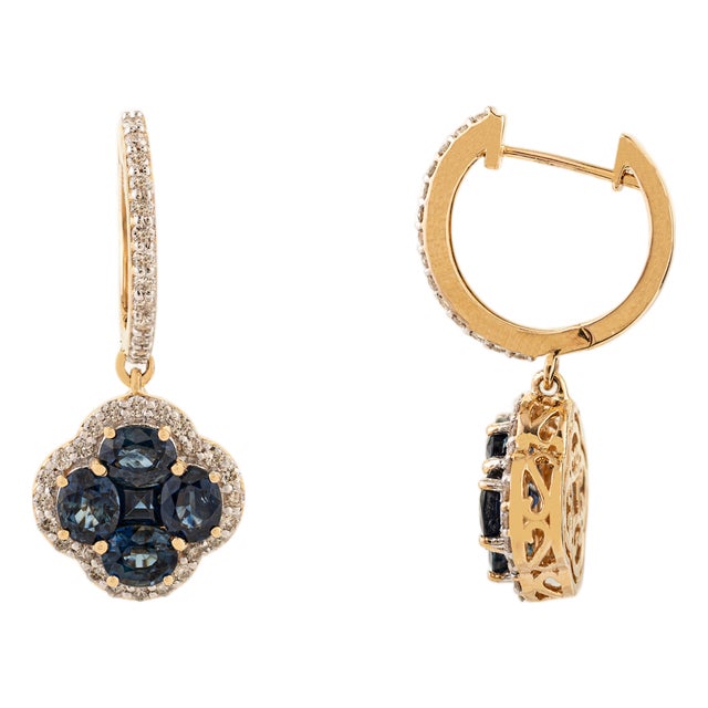 14k Gold Regal 4.55 Ct Deep Sapphire & Diamond Cluster Drop & Dangle Earrings- 2 Pieces For Sale