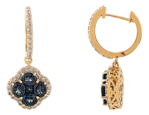 14k Gold Regal 4.55 Ct Deep Sapphire & Diamond Cluster Drop & Dangle Earrings- 2 Pieces
