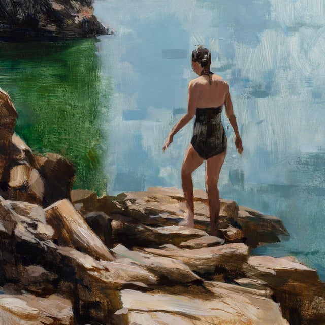 2020s Contemporary Into the Reflections by Jon Doran | Oil on Panel Swimmer on Sunlit Rocks by the Sea For Sale - Image 5 of 9