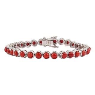 Carat&Her Natural 10.57 Ct Red Coral Cabochon Tennis Bracelet in 925 Sterling Silver For Sale