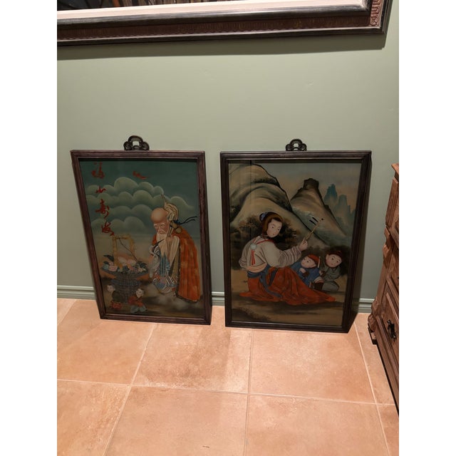 Pair of Chinese Reverse Glass Paintings — Republic Period, Circa 1938–1946 — Longevity & Domestic Harmony For Sale - Image 12 of 13
