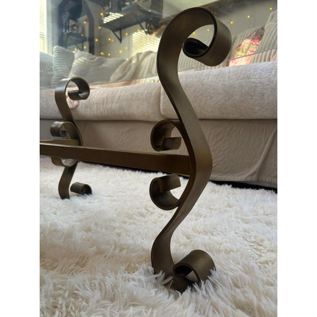 Hollywood Regency Vintage Hollywood Regency Oval Glass Coffee Table With Sculptural Metal Base, C. 1970s For Sale - Image 3 of 6