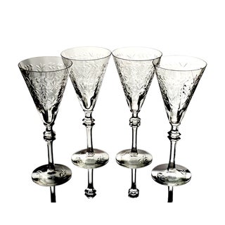 Crystal Elegant Glass Wine Glasses Floral Etched Depression Era Set of 4 For Sale