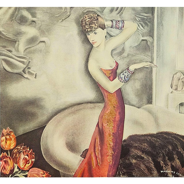 Art Deco 1934 French Art Deco Lithograph-Women at Home-Elegant Woman in Evening Dress For Sale - Image 3 of 3