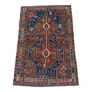 Antique Kashkuli Qashqai Double Medallion Tribal Rug - 3'9" X 5'5" For Sale