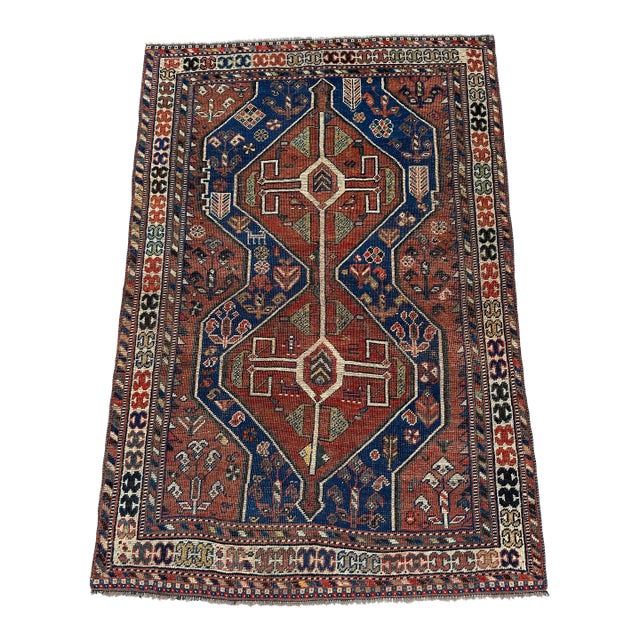 Antique Kashkuli Qashqai Double Medallion Tribal Rug - 3'9" X 5'5" For Sale