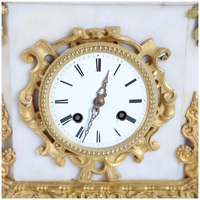 Mid 19th Century 19th Century French Napoleon III Fire Gilt Bronze and Marble Figural Mantel Clock For Sale - Image 5 of 11